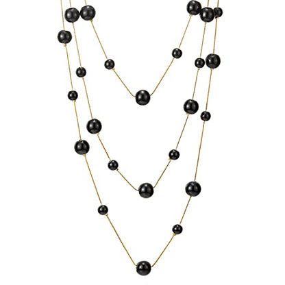 Statement Necklace Three-Strand Long Chains with Synthetic Pearl Beads, Elegant, Dress - color: E-Beads Color: Black