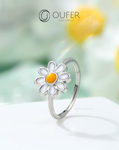 OUFER Nose Rings Hoops, 316L Surgical Steel Hinged Segment Nose Rings 20G, Silver Gold Nose Rings with Cute Daisy Design, Nose Nostril Piercing Jewelry for Women and Men - color: Silver