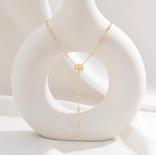 CHESKY Lariat Gold Necklace for Women, Dainty Long Necklace 14k Gold Plated Y-Shaped Pendant Necklace Trendy Layered CZ Beaded Chain Drop Necklaces Simple Gold Jewelry for Women Gifts - color: 9