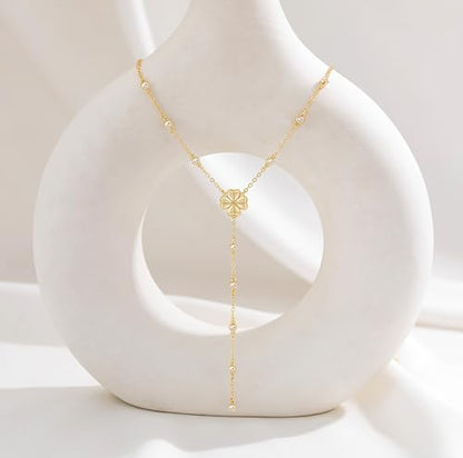 CHESKY Lariat Gold Necklace for Women, Dainty Long Necklace 14k Gold Plated Y-Shaped Pendant Necklace Trendy Layered CZ Beaded Chain Drop Necklaces Simple Gold Jewelry for Women Gifts - color: 9