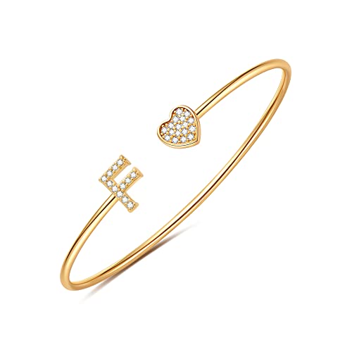 Gold Bracelets for Women Teen Girls, 14K Gold Plated Initial Heart Bangle | Adjustable Open Cuff Bracelet, Dainty Letter Jewelry, Daughter Sister Bridesmaid Friend, Birthday Christmas Graduation Gift - color: F