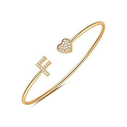 Gold Bracelets for Women Teen Girls, 14K Gold Plated Initial Heart Bangle | Adjustable Open Cuff Bracelet, Dainty Letter Jewelry, Daughter Sister Bridesmaid Friend, Birthday Christmas Graduation Gift - color: F