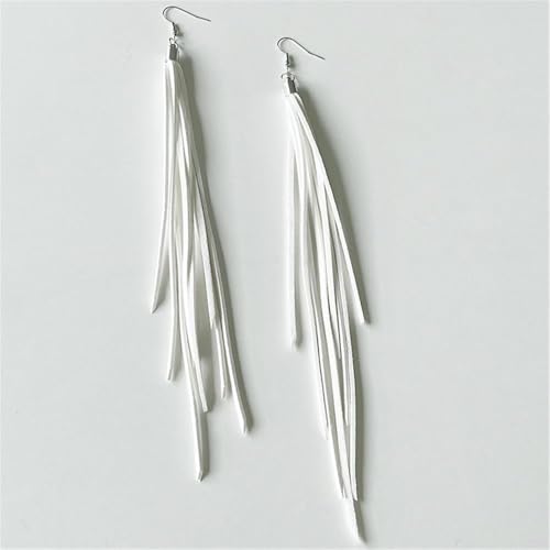 Leather Tassel Earrings Bohemian Tassel Fringe Dangle Earrings Boho Handmade Leather Feather Long Tassel Earrings Western Jewelry for Women - color: White