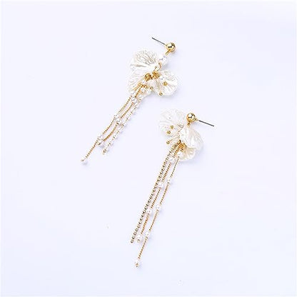 Seashell Pearl Stud Earrings for Women Ocean Sea Theme Sweet Double Layer Acrylic Shell Lightweight Dangle Drop Earrings for Summer Beach Holiday Halloween Party Jewelry Accessories - color: Long pearl shell earrings