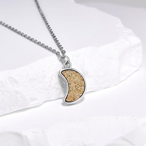Adabele Natural Druzy Necklace Small Tiny Moon Gemstone Pendant 18 inch Sparkly Agate Stone Crystal Women Jewelry Tarnish Resistant Stainless Steel/Gold Plated Chain - color: Gold druzy - stainless steel