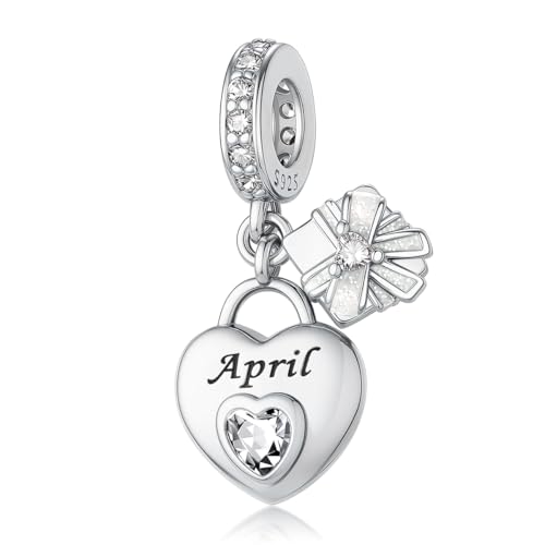 HappyStar 925 Sterling Silver Happy Birthday Bead Charm Love Heart Shape Birthstone Charms for Bracelets Dangle Pendant with 5A Cubic Zirconia Compatible Pandora Bracelets Jewelry Gift for Women - color: 4-April Birthstone Charms