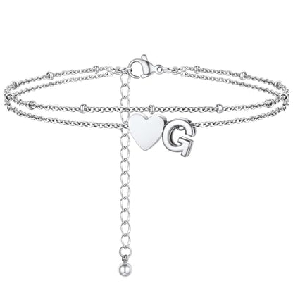 Initial Ankle Bracelets for Women, Dainty Stainless Steel Letter A-Z Layered Anklets, Heart Ankle Bracelet 8.5"-10.5" Adjustable, Summer Beach Jewelry, Come with Box - color: Silver, size: G