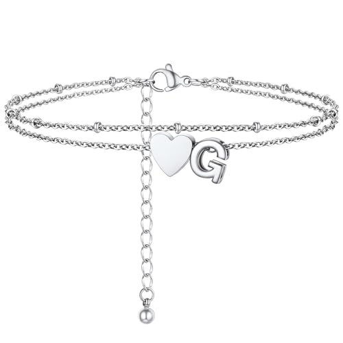 Initial Ankle Bracelets for Women, Dainty Stainless Steel Letter A-Z Layered Anklets, Heart Ankle Bracelet 8.5"-10.5" Adjustable, Summer Beach Jewelry, Come with Box - color: Silver, size: G