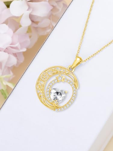 Midari 18K Yellow Gold Sun Moon Star Pendant Rose Flower Necklaces I Love You Forever Sun Moon Jewelry Gift for Mother Women - color: 04-Apri-White, style: Moon&Star