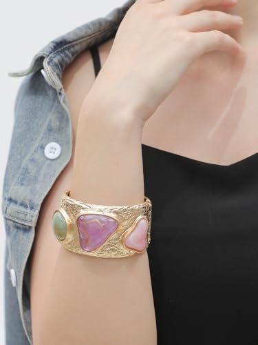 Gold Cuff Bracelet for Women Chunky Bracelet Statement Bracelet | Chunky Bangle Bracelets for Women Silver Beaded Open Bangle Stackable Stretch Bead Bracelet Boho Jewelry Gift for Wife Couple - style: Colorful Stone Bracelets