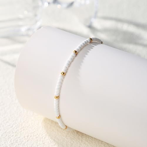 Starain Small Bead Anklets for Women Beach Foot Ankle Bracelet Cute Colorful Boho Beaded Anklets 8 inches - color: White