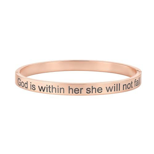 Inspirational Christian Bracelet for Women, Oval Engraved Bible Verse Love Bangle Cuff, Faith Scripture Jewelry, Religious Encouragement Gift for Mom Daughter Sister Friend - color: God is within her she will not fall-Oval Bangle Rose Gold