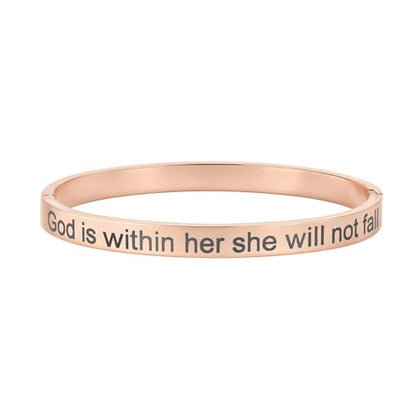 Inspirational Christian Bracelet for Women, Oval Engraved Bible Verse Love Bangle Cuff, Faith Scripture Jewelry, Religious Encouragement Gift for Mom Daughter Sister Friend - color: God is within her she will not fall-Oval Bangle Rose Gold