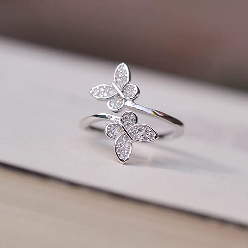 Koguxuix Fashion Jewelry 925 Sterling Silver CZ Crystal Cute Butterfly Open Adjustable Wedding Ring