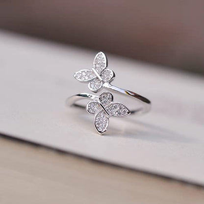 Koguxuix Fashion Jewelry 925 Sterling Silver CZ Crystal Cute Butterfly Open Adjustable Wedding Ring