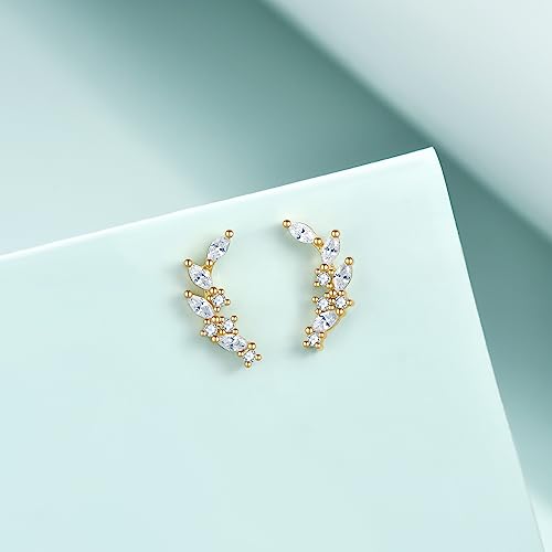 Rnivida 925 Sterling Silver Dainty Cz Climber Stud Earrings, Hypoallergenic Small Cubic Zirconia Ear Crawler Earring for Women - color: Cz Leaf - Gold