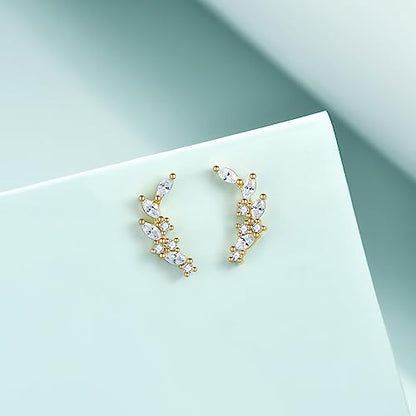 Rnivida 925 Sterling Silver Dainty Cz Climber Stud Earrings, Hypoallergenic Small Cubic Zirconia Ear Crawler Earring for Women - color: Cz Leaf - Gold
