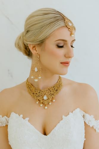 Touchstone Indian jewelry sets for women tikka wedding necklace costume guest statement bollywood rhinestones crystal faux pearls gold big royal neck piece set bridal fashion accessories - color: Gold