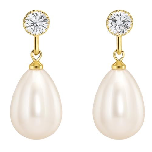 Pearl Clip on Earrings for Women - 14K Gold Silver Plated Cubic Zirconia Non Pierced Ear Clips Jewelry Gifts for Wedding Bridal Party Gifts - color: White-10mm