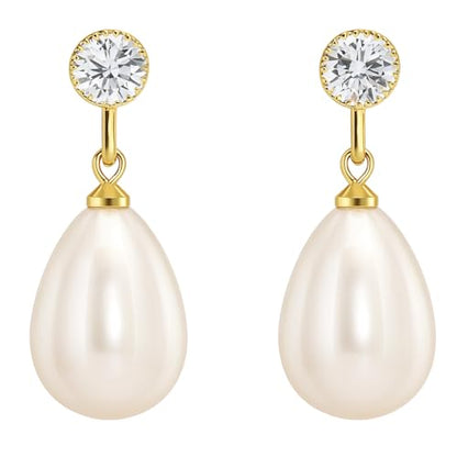 Pearl Clip on Earrings for Women - 14K Gold Silver Plated Cubic Zirconia Non Pierced Ear Clips Jewelry Gifts for Wedding Bridal Party Gifts - color: White-10mm