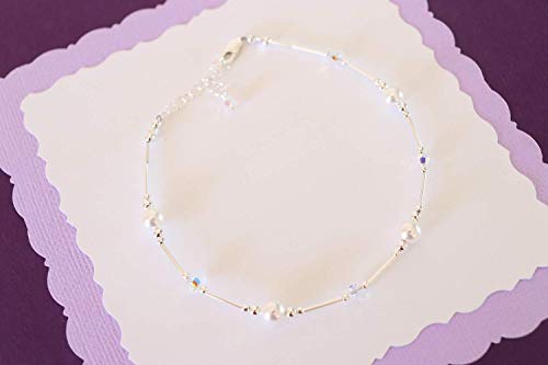 Anklet White Pearl & Iridescent Crystal Sterling Silver Beach Wedding Bridesmaid Anniversary Gift - style: Average 8 1/2" to 10"
