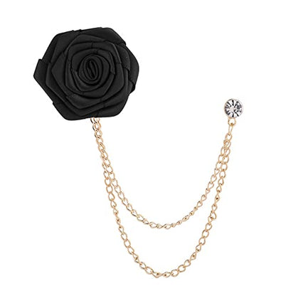 Bridegroom Wedding Brooch, Rose Flower Brooch Lapel Pin Badge Tassel Chain for Men Suit Accessories, Cloth Art Handmade Jewelry - color: Black