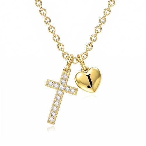 14K Gold Cross Necklace for Women Initial Letter Pendant Necklaces for Women, 14K Gold Dainty Simple Monogram Alphabet Necklace with Cable Chain, Birthday Gifts for Women - style: 14K Gold J
