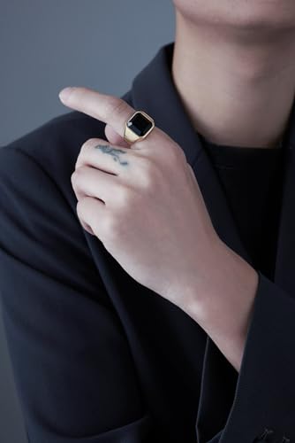 VQYSKO 14K Gold Plated Square Signet Ring | Stainless Steel Band for Men - color: Gold+Black