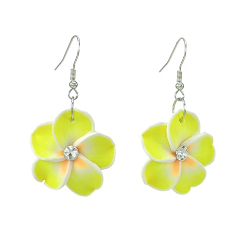 Floral Dangle Earrings for Women Hawaiian Tropical Plumeria Rubra Flower Drop Earrings with Cubic Zirconia Luau Beach Party Vacation Hawaiian Accessories Jewelry Gift - color: Yellow
