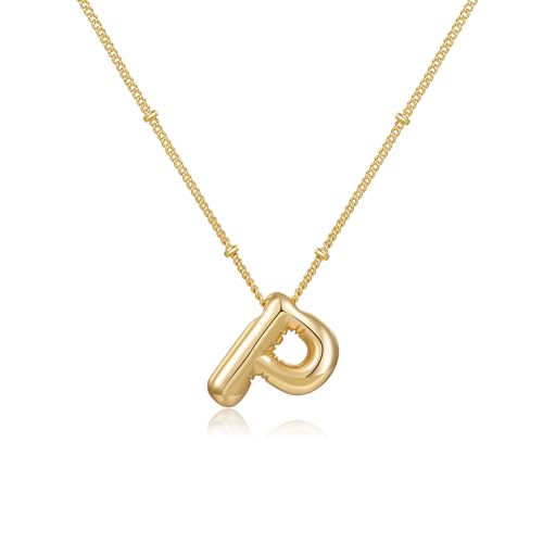Gold Bubble Initial Necklace for Women Balloon Letter Necklace 18K Gold Plated Dainty Alphabet Pendant Puffy Name Personal Necklace - color: P