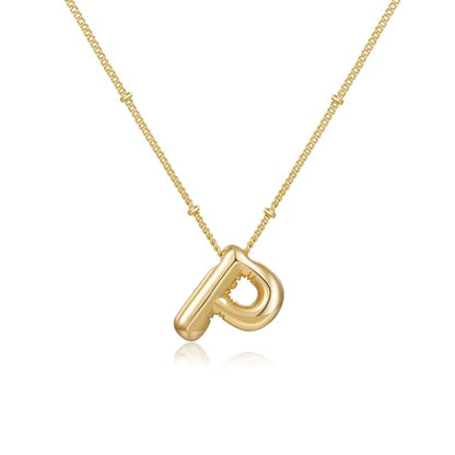 Gold Bubble Initial Necklace for Women Balloon Letter Necklace 18K Gold Plated Dainty Alphabet Pendant Puffy Name Personal Necklace - color: P