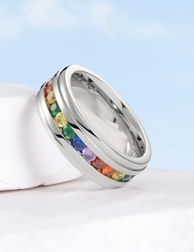 King Will 316L Stainless Steel Wedding Band for Men Cubic Zirconia Inlay | Silver-Tone, 6/7/8mm, Comfort Fit, Durable, Zirconia inlay, Promise Gift - color: Steekl-Multicolor-7mm