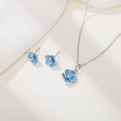 EleQueen Rose Flower Necklace Earrings Bracelet Set for Women - color: Light Blue-Silver-Tone