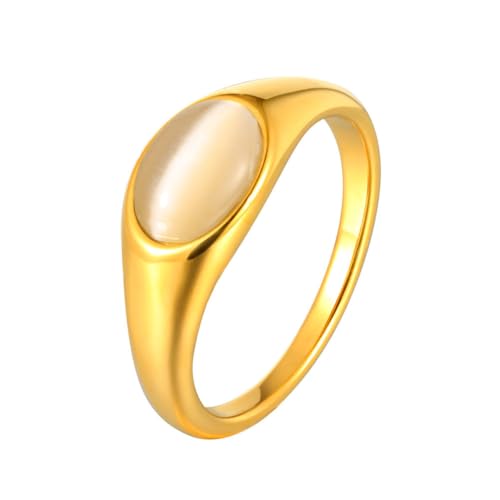 HIJONES Women's Stainless Steel Oval Opal Gemstone Dome Stacking Signet Ring Charming Wedding Jewelry - color: White Stone