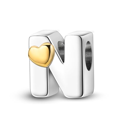 925 Sterling Silver Letter Charms A-Z for Bracelet Necklace Alphabet Bead | Heart letter A B C D G J charm initial gold Pendant beads Jewelry Gift for Women - color: Letter N