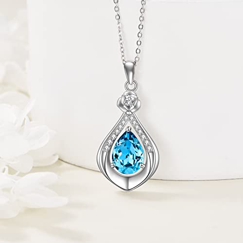 VONALA Sterling Silver Necklace Moss Agate/Turquoise/Larimar/Aquamarine/Opal/Black Onyx/Rose Quartz/Moonstone Pendant Teardrop Necklace Jewelry Gift for Women - style: Aquamarine