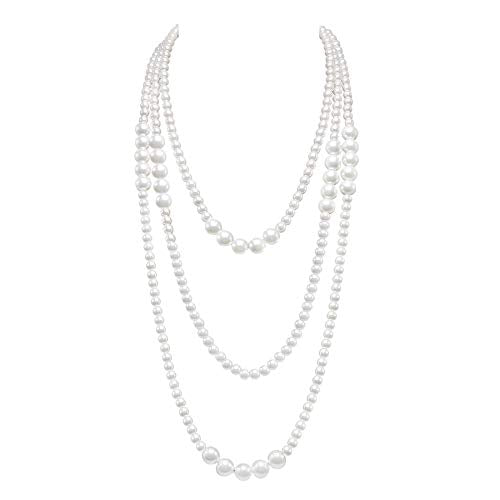 Long Pearl Necklaces for Women Cream White Faux Pearl Strand Layered Necklace Costume Jewelry - color: White