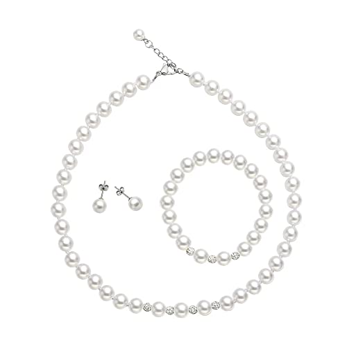 White 8mm Glass Pearls Necklace Bracelet Earring Jewelry 3 Set Wholesale for Women Little Girls - style: 14.5inch
