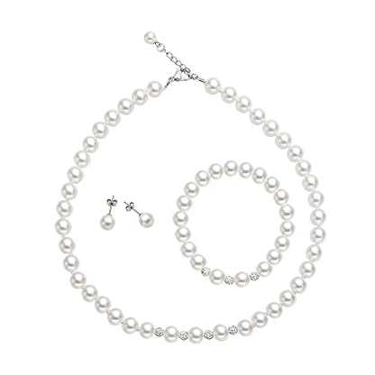 White 8mm Glass Pearls Necklace Bracelet Earring Jewelry 3 Set Wholesale for Women Little Girls - style: 14.5inch