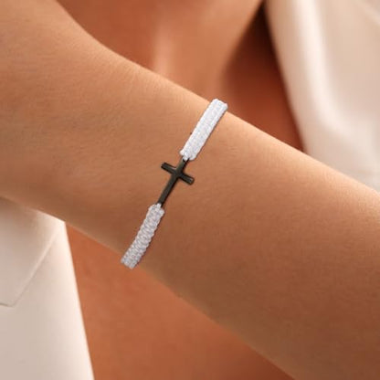 Initial Bracelets for Women Teen Girls Handmade Rope Braided Bracelet for Men Jewelry Birthday Graduation Mother's Day Gifts for Mom Wife Girlfriend Her Friends - style: 9 white-gold cross