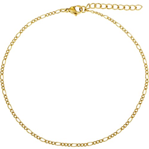 Gold Stainless Steel Anklet Chain for Women Adjustable Ankle Bracelet Fashionable Simple Design, Round mold chain - color: Gold+ Figaro Chain, size: 22+3cm