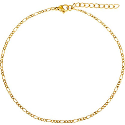 Gold Stainless Steel Anklet Chain for Women Adjustable Ankle Bracelet Fashionable Simple Design, Round mold chain - color: Gold+ Figaro Chain, size: 22+3cm