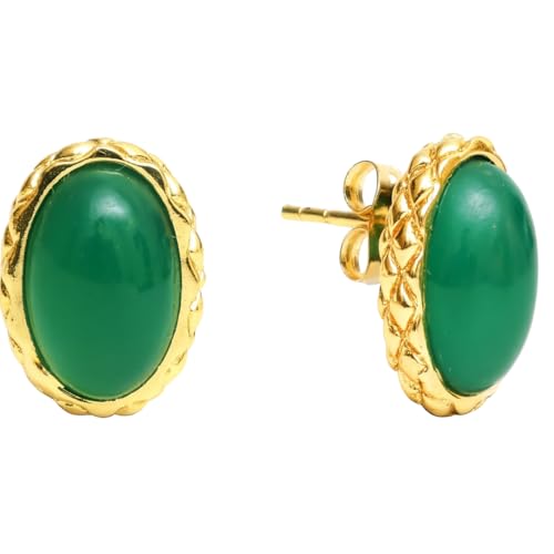 Gempires Bold Oval Gemstone Stud Earrings for Women – Natural Healing Stone Jewelry 14K Gold-Plated Hypoallergenic Tarnish-Resistant – Bold Statement Studs Gift for Her - style: Green Onyx