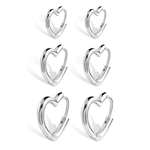 Silver 3 Pairs Heart Earrings Set for Women 14K Gold Plated Hoops, ALEXCRAFT Minimalist Hearts Shaped Small Big Silver Huggie Hoop Trendy Earring Hypoallergenic Thick Chunky Earings - color: Silver