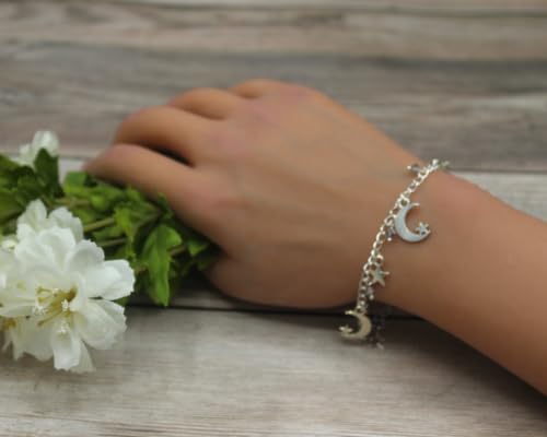 Handmade Moon and Star Charm Bracelet, Silver Plated Celestial Jewelry with Mauve Faceted Glass Beads, 7 Inch