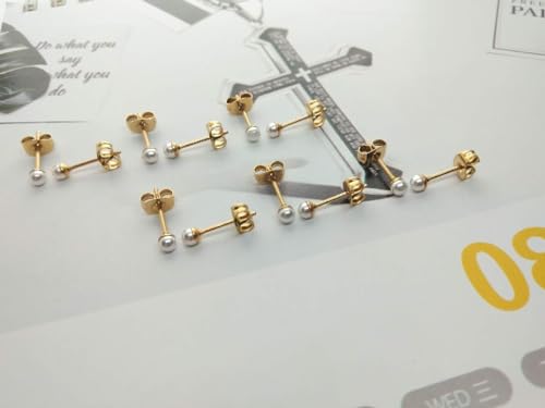 14K Gold Filled Polished Small CZ Pearl Ball Stud Earrings Set for Women Men 20G Surgical Steel Hypoallergenic Piercing Studs for Sensitive Ear, Pack of 6 Pairs - style: W : 3MM Gold Pearl Studs Set
