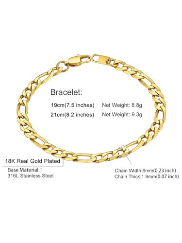 ChainsHouse Figaro Link Chain Bracelet for Men Stainless Steel Jewelry | Black/ Gold Bracelets Men, 6/9/13mm Figaro Cuabn Bracelets 7.5"/8.3", Chunky Hip Hop Wrist Hand Chain Bracelet for Gift - color: a: 6mm-gold