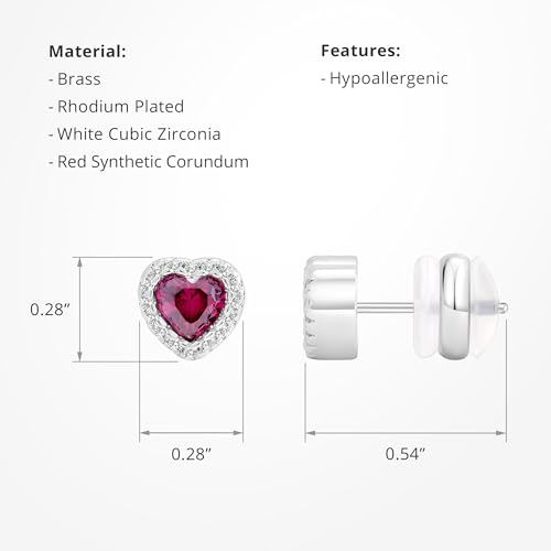 CoBi Halo Stud Earrings for Women, Cubic Zirconia Earrings, Birthstone Heart Earrings Simulated Diamond Valentine's Day - color: Red