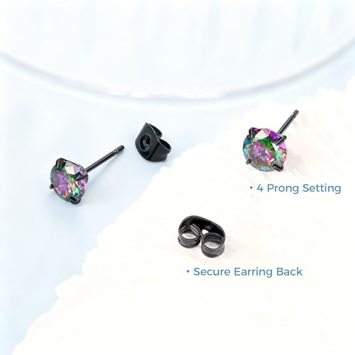 5 Pairs Stud Earrings for Women, Hypoallergenic Cubic Zirconia Silver Black 316L Surgical Stainless Steel Rainbow CZ Earrings Set 3-7mm - color: 5 Pairs Black+Rainbow CZ