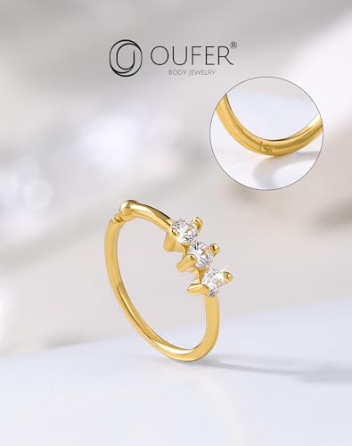 OUFER 14K Solid Gold Nose Rings Hoops, 20G Hoop Nose Rings for Women, Clear CZ Nose Piercing Jewely, Seamless Open Cartilage Helix Earrings